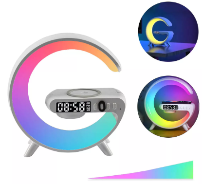 CargaLuzMax - Lámpara con reloj, parlante y cargador inalámbrico